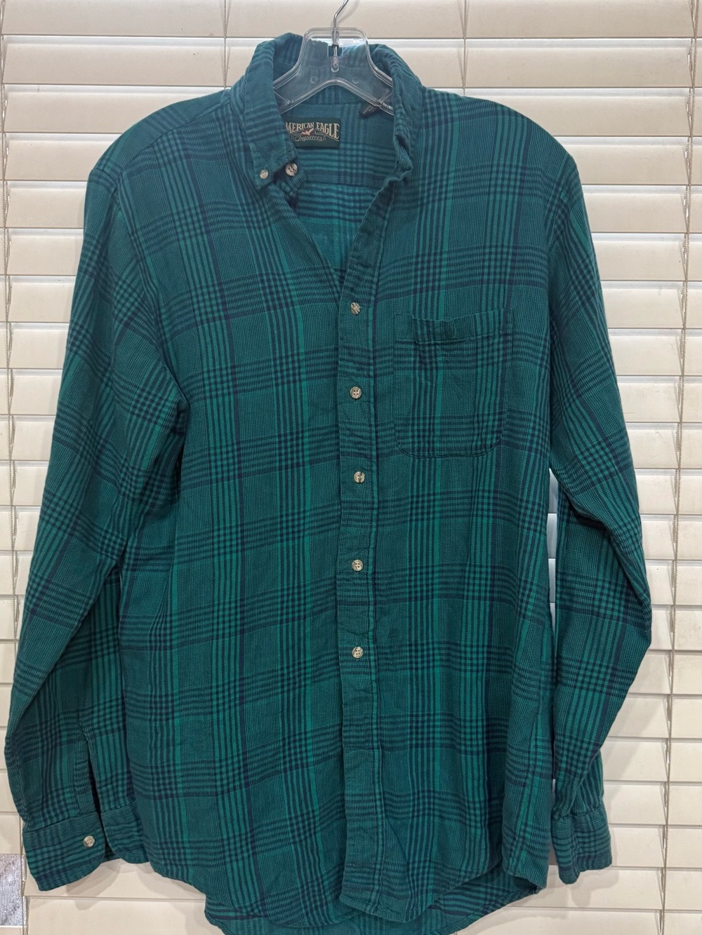 American Eagle Outfitters Teal and Blue Plaid Button-Down Shirt